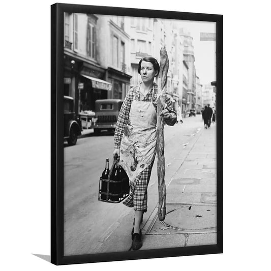 French Woman With Baguette and Wine Framed Art Print Wall Decor, Black and White, Vintage Photo