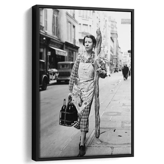 French Woman With Baguette and Wine Framed Canvas Print Wall Art, Black and White, Vintage Photo