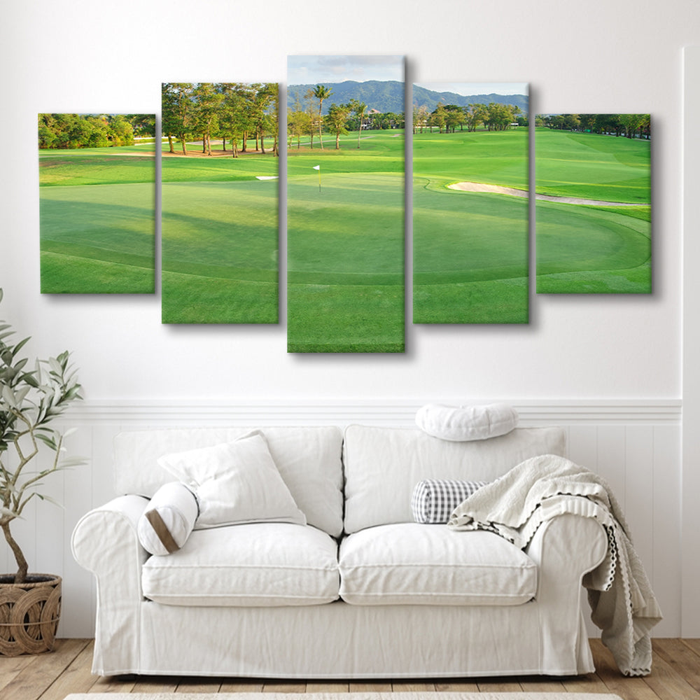 Fresh Green Grass On The Golf Course, Golf Art Print, 5 Pieces Mixed Canvas Print Wall Art