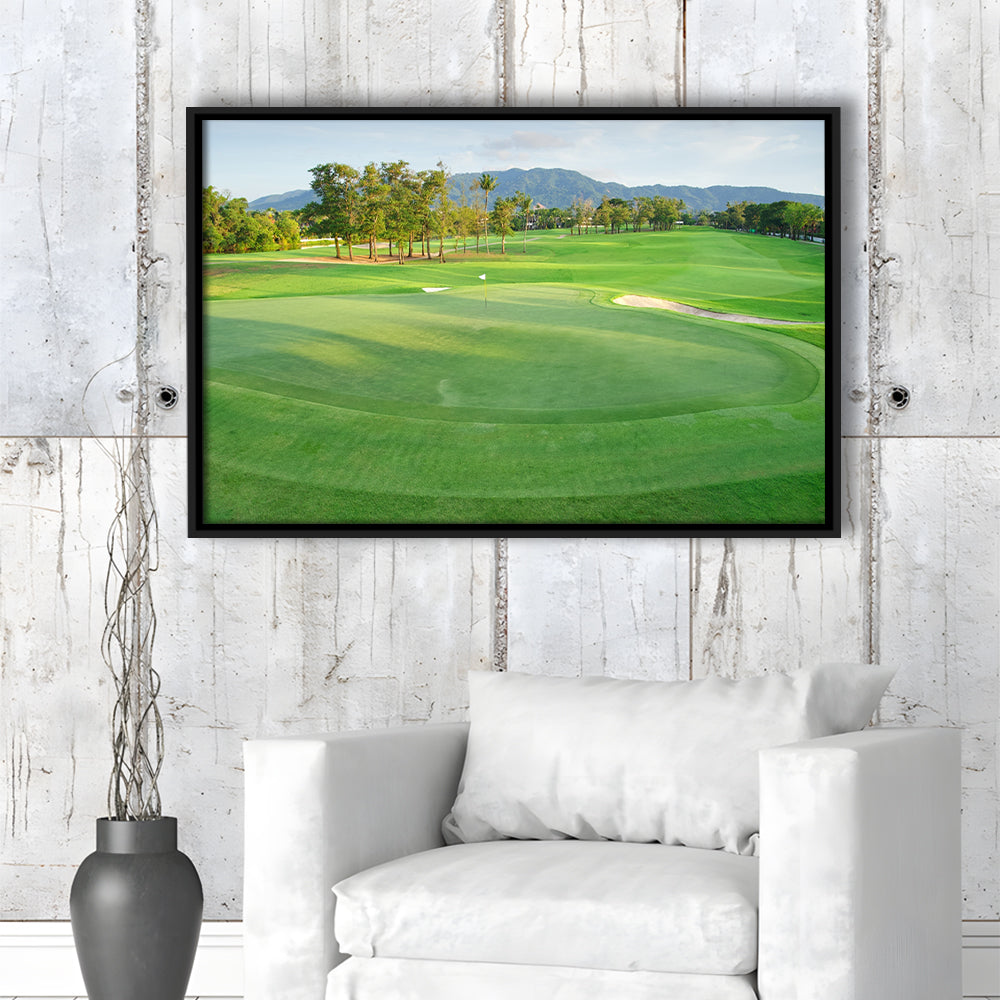 Fresh Green Grass On The Golf Course, Floating Framed Canvas Print Wall Art