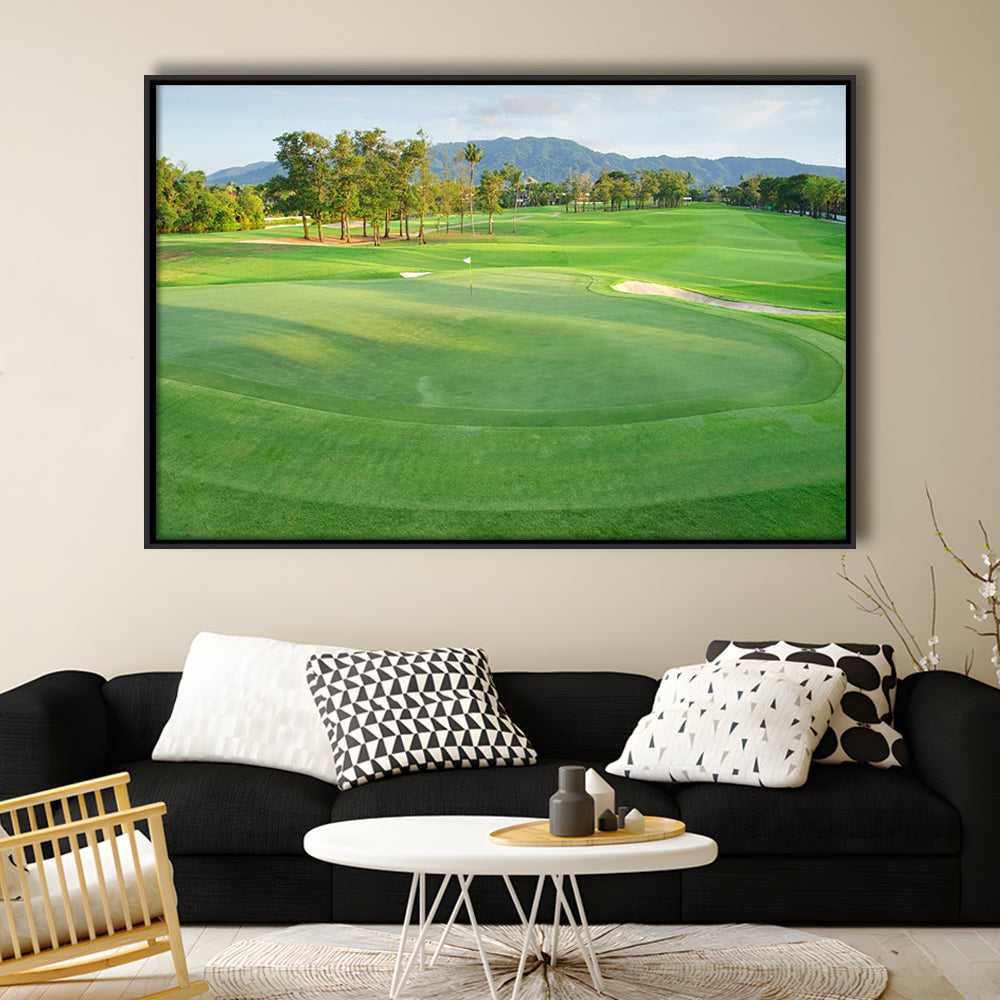 Fresh Green Grass On The Golf Course, Floating Framed Canvas Print Wall Art