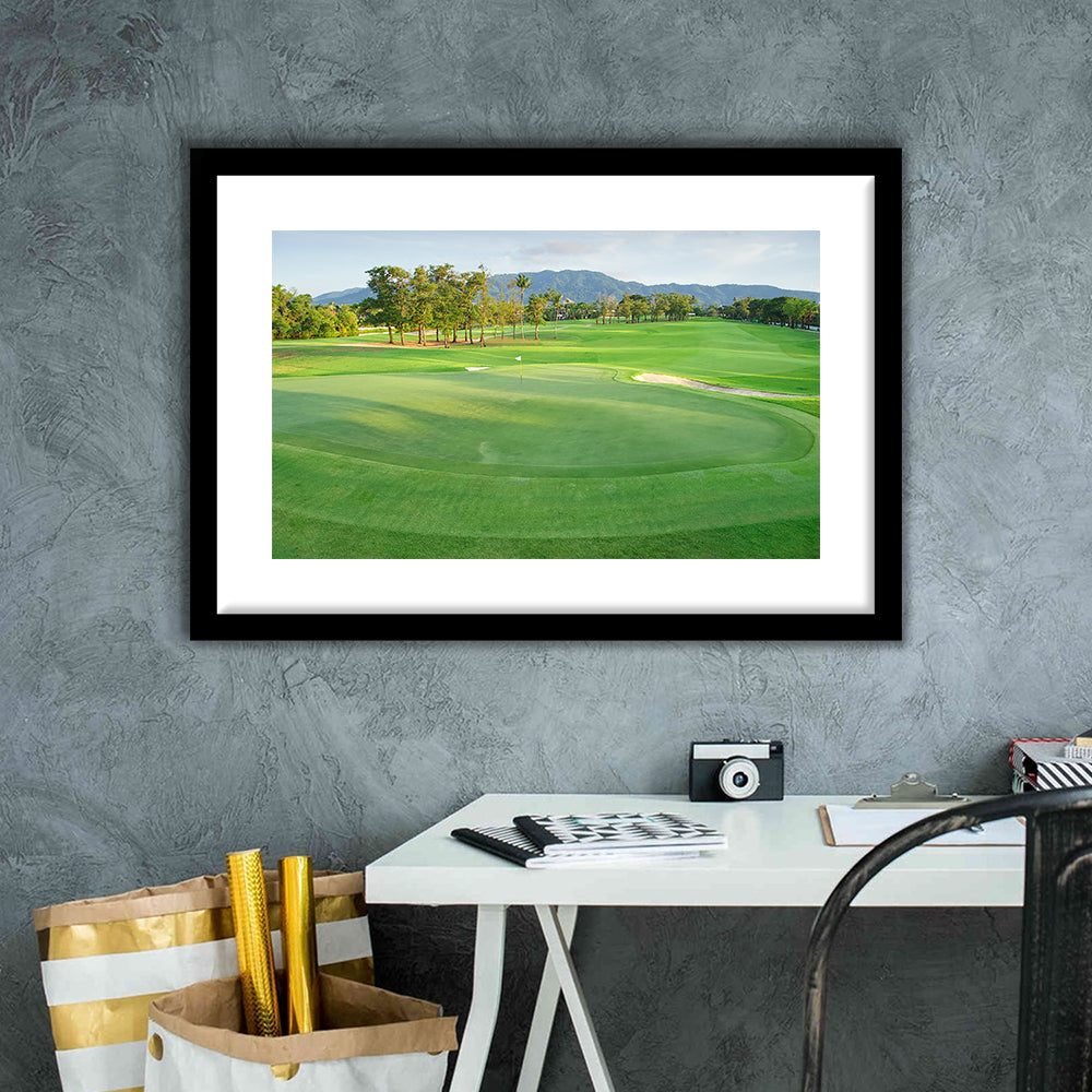 Fresh Green Grass On The Golf Course, Goft Art Print, Framed Art Print White Border Wall Decor