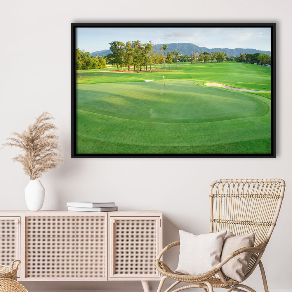 Fresh Green Grass On The Golf Course, Floating Framed Canvas Print Wall Art