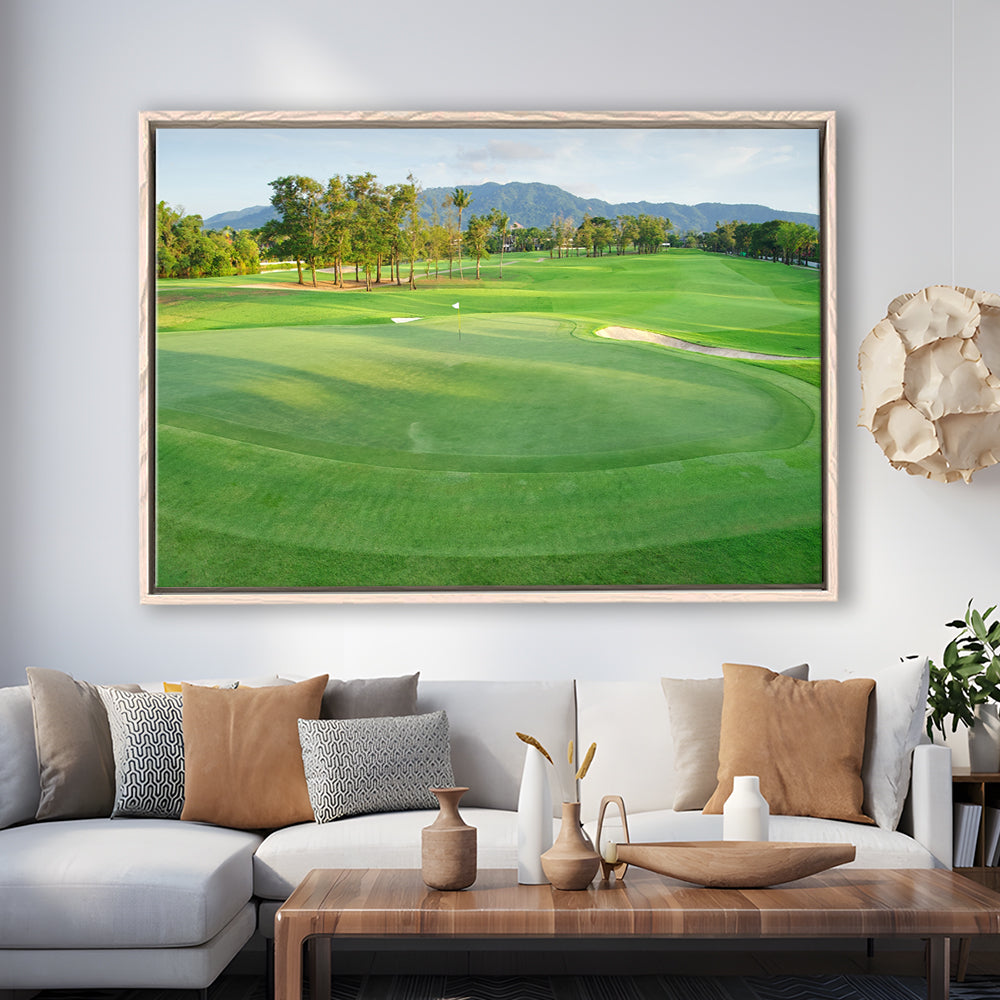 Fresh Green Grass On The Golf Course, Floating Framed Canvas Print Wall Art