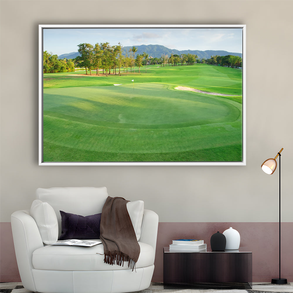 Fresh Green Grass On The Golf Course, Floating Framed Canvas Print Wall Art