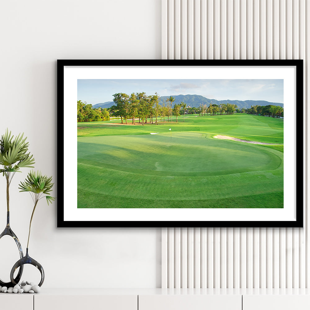 Fresh Green Grass On The Golf Course, Goft Art Print, Framed Art Print White Border Wall Decor