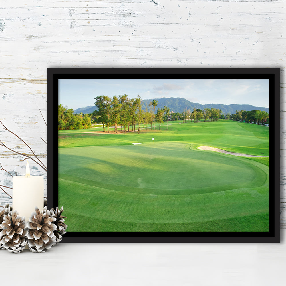 Fresh Green Grass On The Golf Course, Floating Framed Canvas Print Wall Art