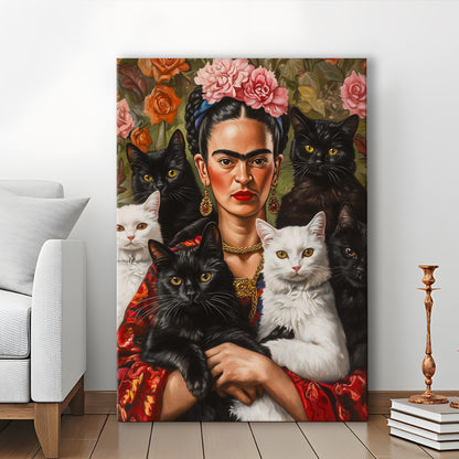 Frida Kahlo Self-Portrait With Cats Print, Vintage Frida Kahlo, Cat Lovers Gift Idea, Canvas Print, Canvas Decor