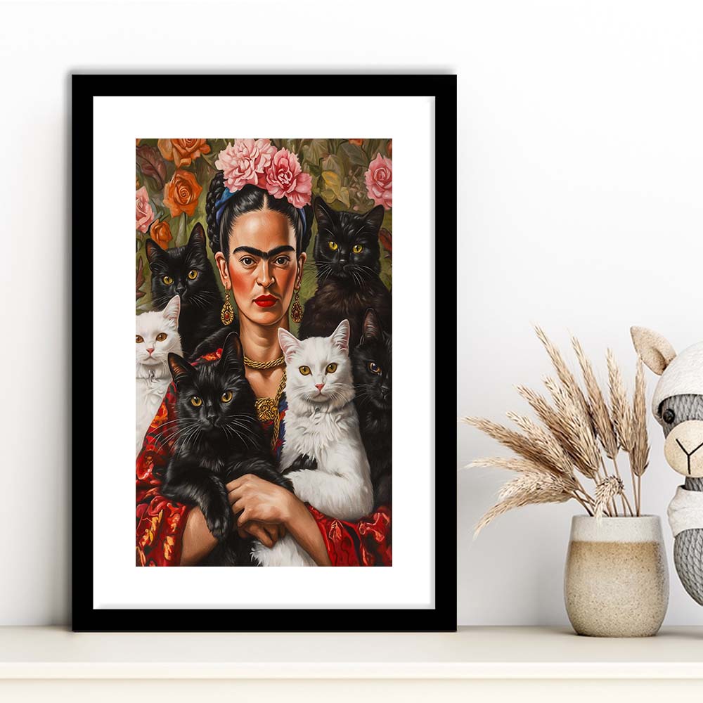 Frida Kahlo Self-Portrait With Cats Print, Vintage Frida Kahlo, Cat Lovers, Framed Art Print, White Border