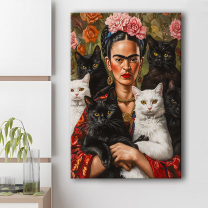 Frida Kahlo Self-Portrait With Cats Print, Vintage Frida Kahlo, Cat Lovers Gift Idea, Canvas Print, Canvas Decor