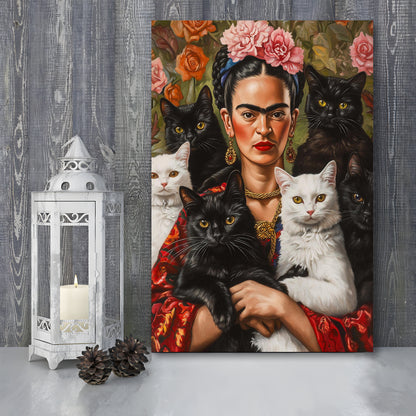 Frida Kahlo Self-Portrait With Cats Print, Vintage Frida Kahlo, Cat Lovers Gift Idea, Canvas Print, Canvas Decor