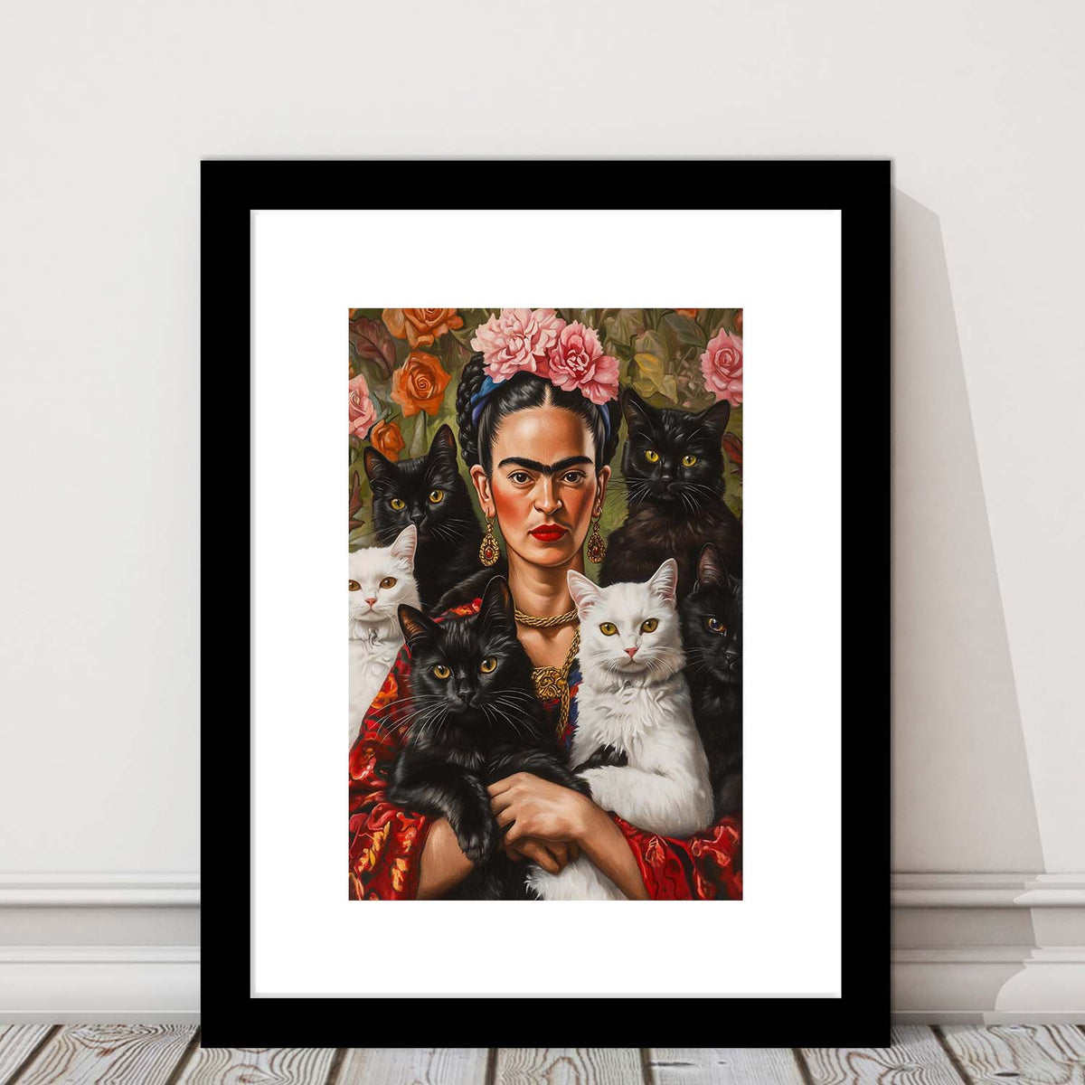 Frida Kahlo Self-Portrait With Cats Print, Vintage Frida Kahlo, Cat Lovers, Framed Art Print, White Border