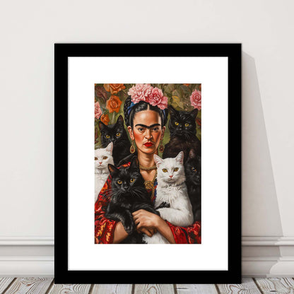 Frida Kahlo Self-Portrait With Cats Print, Vintage Frida Kahlo, Cat Lovers, Framed Art Print, White Border
