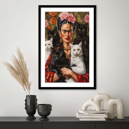 Frida Kahlo Self-Portrait With Cats Print, Vintage Frida Kahlo, Cat Lovers, Framed Art Print, White Border