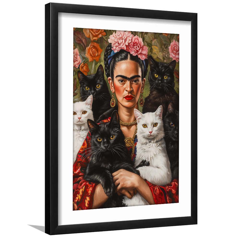 Frida Kahlo Self-Portrait With Cats Print, Vintage Frida Kahlo, Cat Lovers, Framed Art Print, White Border