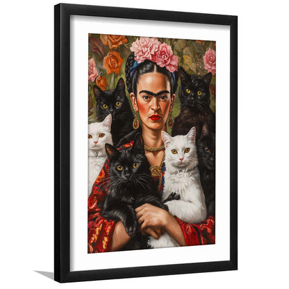 Frida Kahlo Self-Portrait With Cats Print, Vintage Frida Kahlo, Cat Lovers, Framed Art Print, White Border
