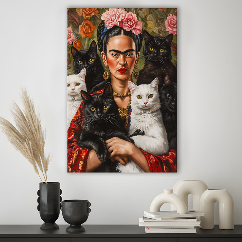 Frida Kahlo Self-Portrait With Cats Print, Vintage Frida Kahlo, Cat Lovers Gift Idea, Canvas Print, Canvas Decor