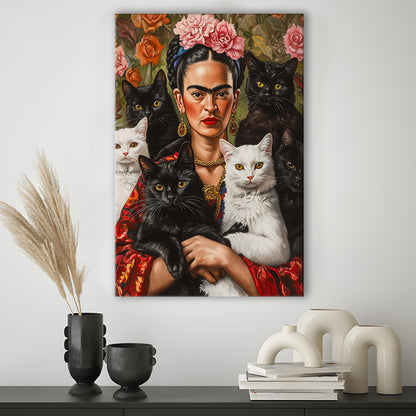 Frida Kahlo Self-Portrait With Cats Print, Vintage Frida Kahlo, Cat Lovers Gift Idea, Canvas Print, Canvas Decor