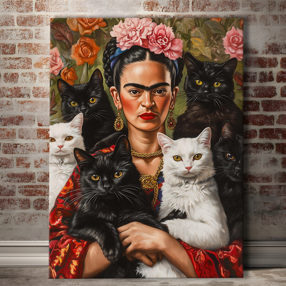 Frida Kahlo Self-Portrait With Cats Print, Vintage Frida Kahlo, Cat Lovers Gift Idea, Canvas Print, Canvas Decor