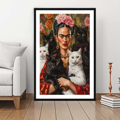 Frida Kahlo Self-Portrait With Cats Print, Vintage Frida Kahlo, Cat Lovers, Framed Art Print, White Border
