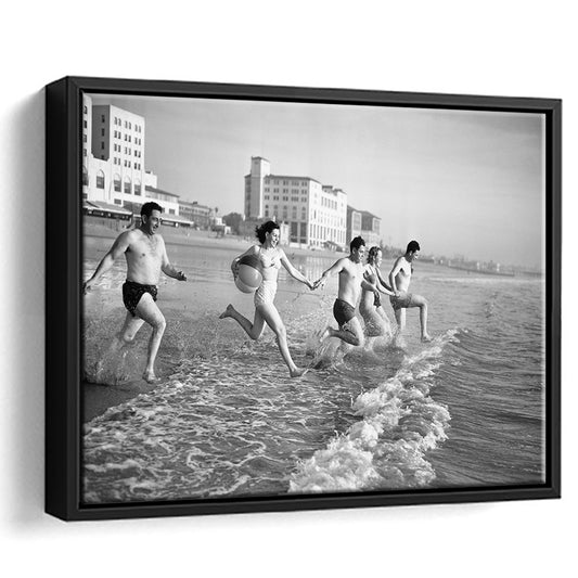 Friends at the Beach Black and White Art Coastal Wall Art, Floating Framed Canvas Print