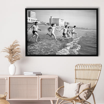 Friends at the Beach Black and White Art Coastal Wall Art, Floating Framed Canvas Print
