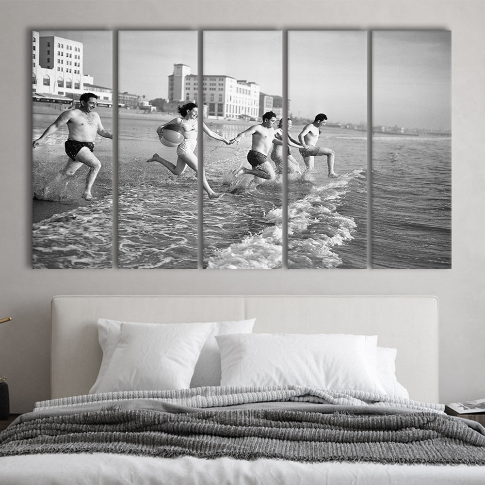 Friends at the Beach Black and White Art Coastal Wall Art, 5 Pieces Large Canvas Print
