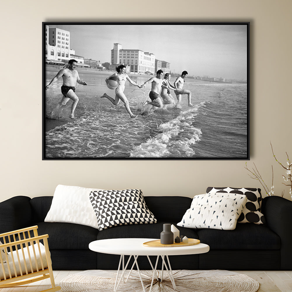 Friends at the Beach Black and White Art Coastal Wall Art, Floating Framed Canvas Print