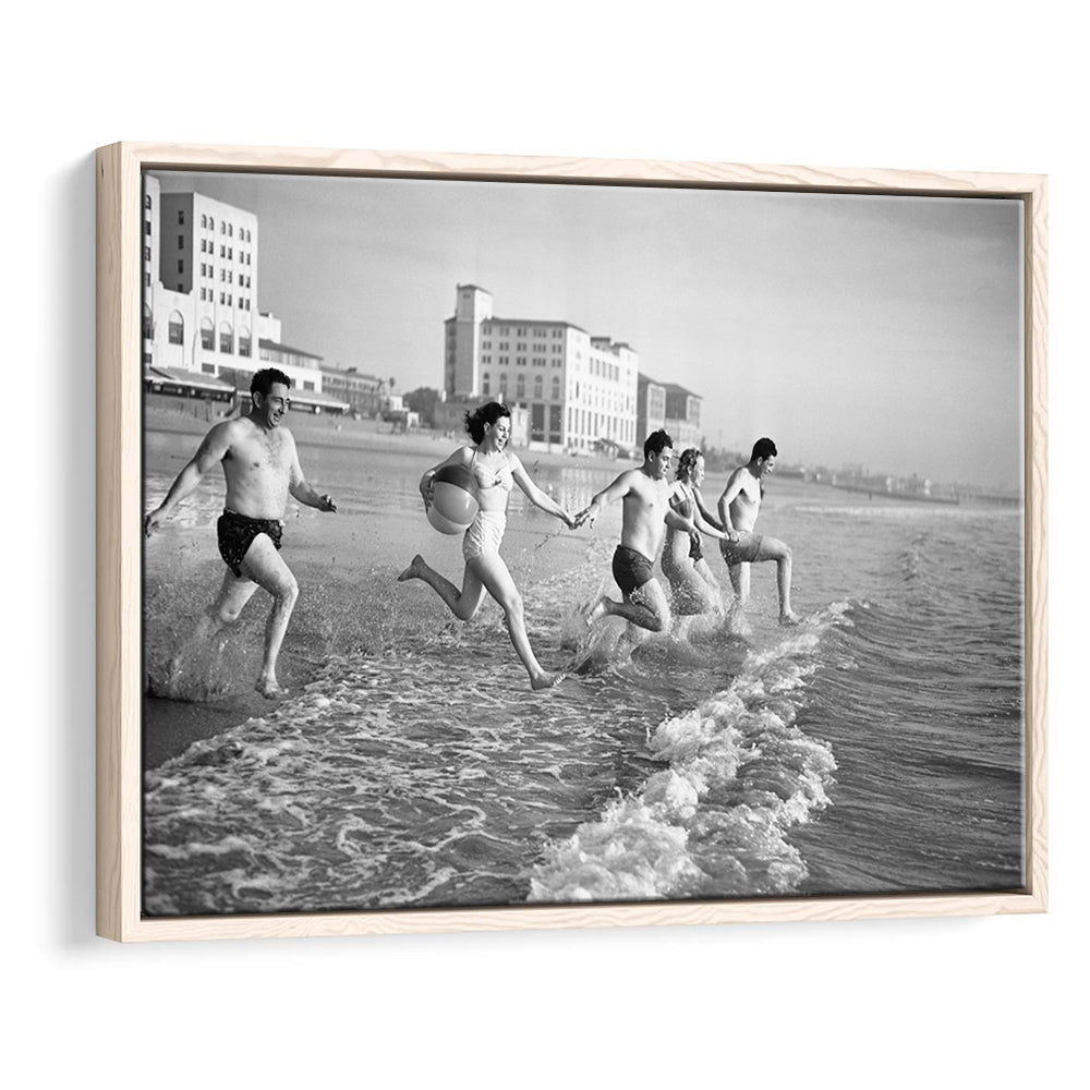 Friends at the Beach Black and White Art Coastal Wall Art, Floating Framed Canvas Print