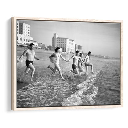 Friends at the Beach Black and White Art Coastal Wall Art, Floating Framed Canvas Print