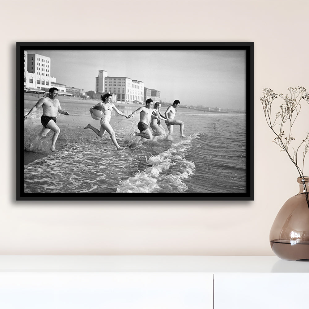 Friends at the Beach Black and White Art Coastal Wall Art, Floating Framed Canvas Print