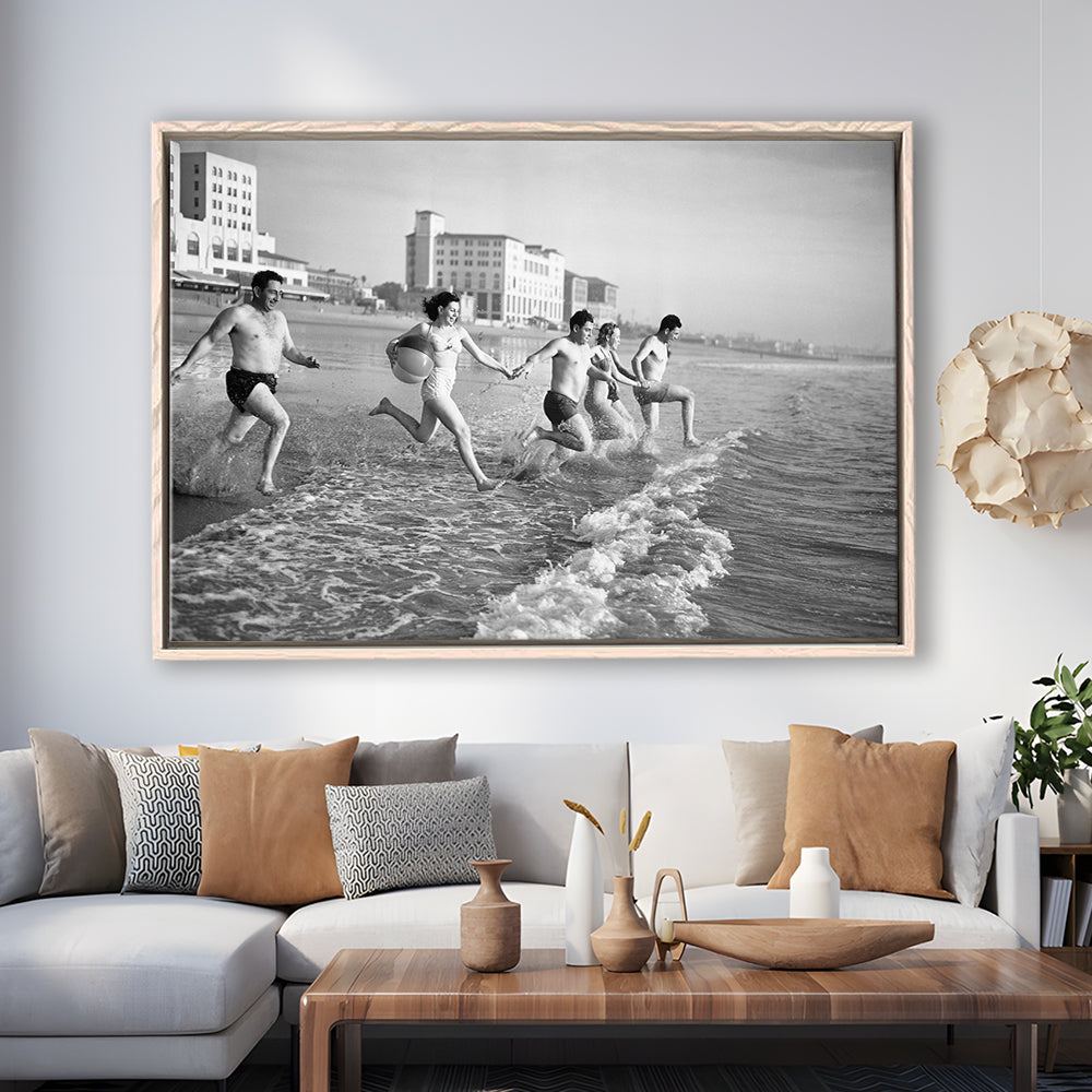 Friends at the Beach Black and White Art Coastal Wall Art, Floating Framed Canvas Print