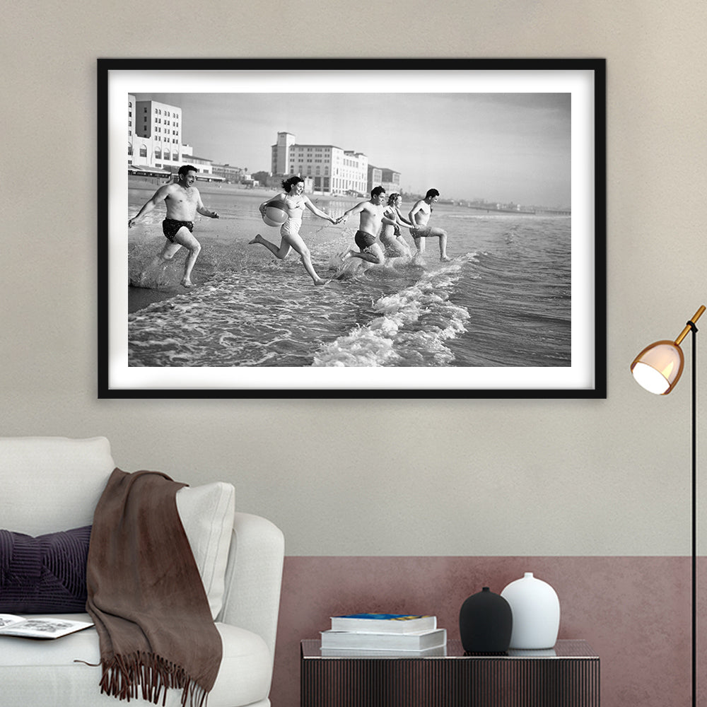 Friends at the Beach Black and White Art Coastal Wall Art, Framed Art Print White Border Wall Decor