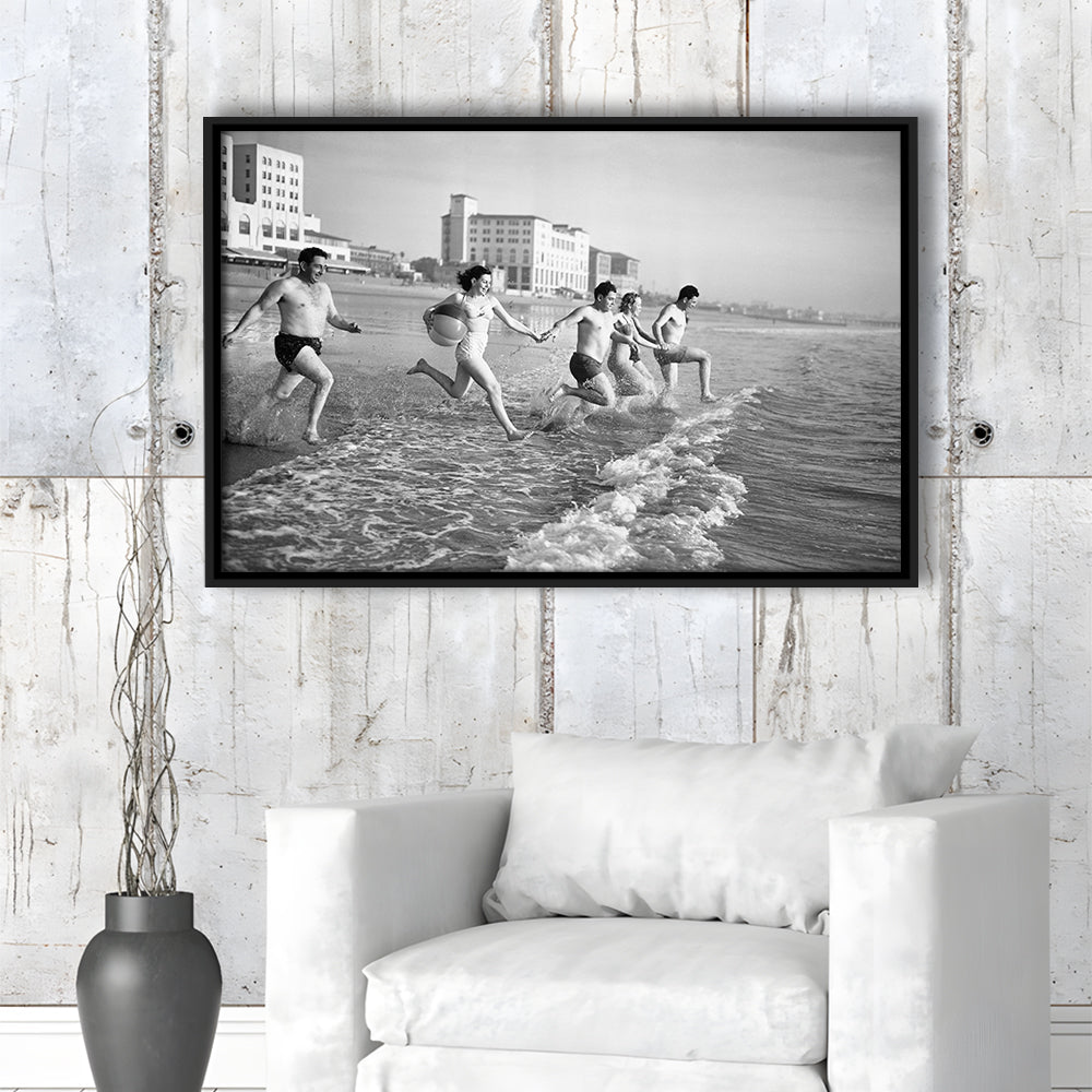 Friends at the Beach Black and White Art Coastal Wall Art, Floating Framed Canvas Print