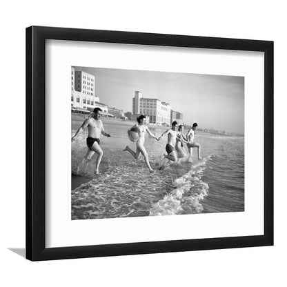 Friends at the Beach Black and White Art Coastal Wall Art, Framed Art Print White Border Wall Decor