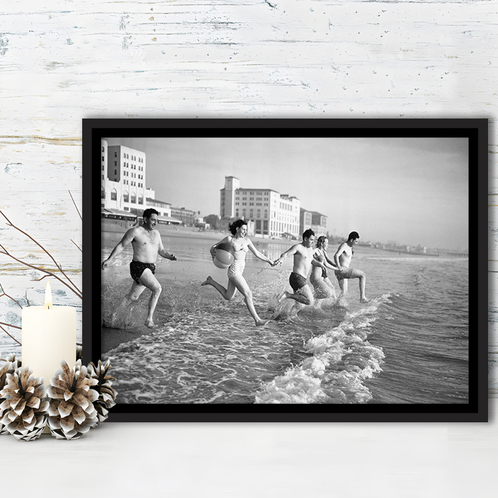 Friends at the Beach Black and White Art Coastal Wall Art, Floating Framed Canvas Print