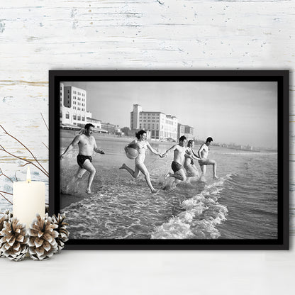 Friends at the Beach Black and White Art Coastal Wall Art, Floating Framed Canvas Print