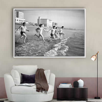 Friends at the Beach Black and White Art Coastal Wall Art, Floating Framed Canvas Print