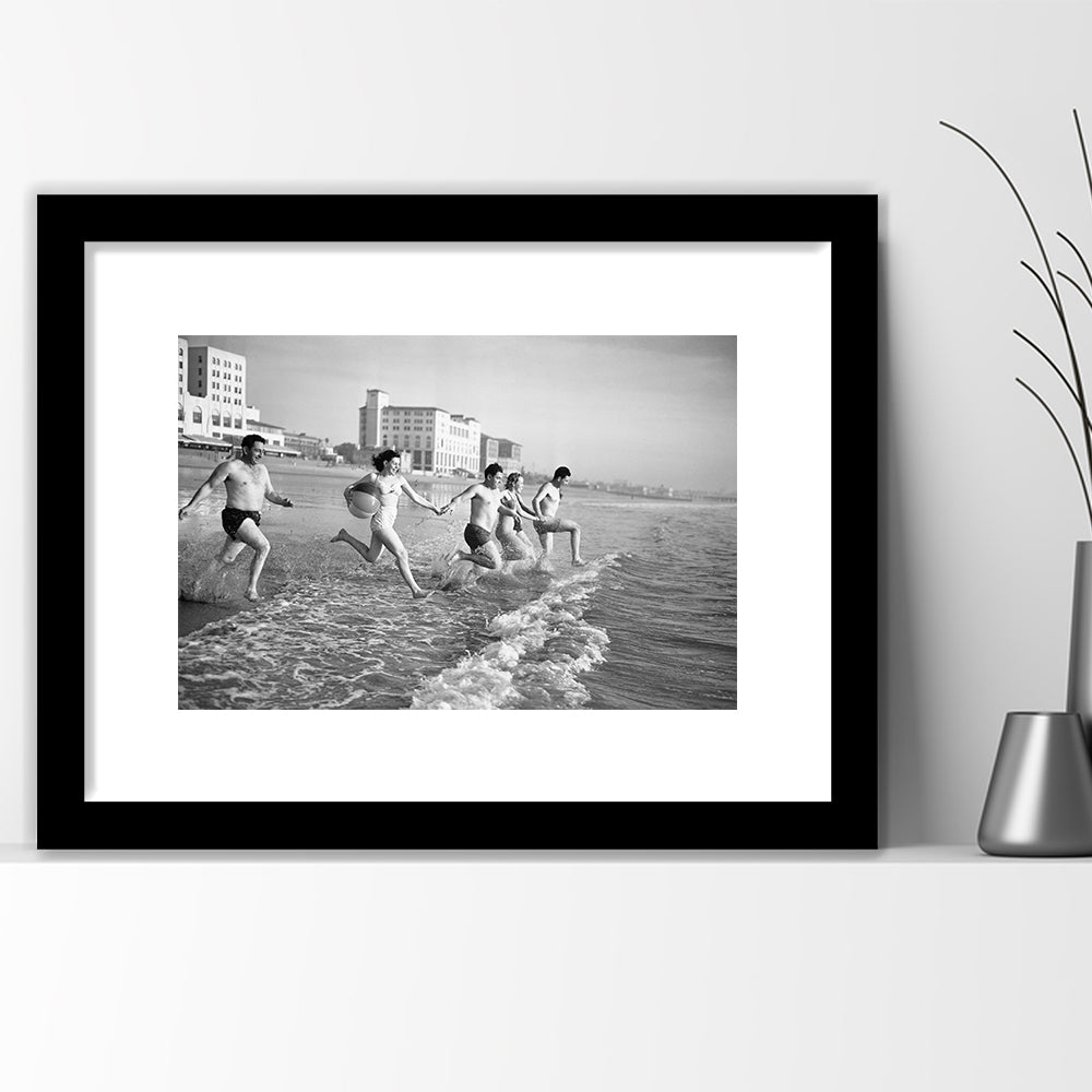 Friends at the Beach Black and White Art Coastal Wall Art, Framed Art Print White Border Wall Decor
