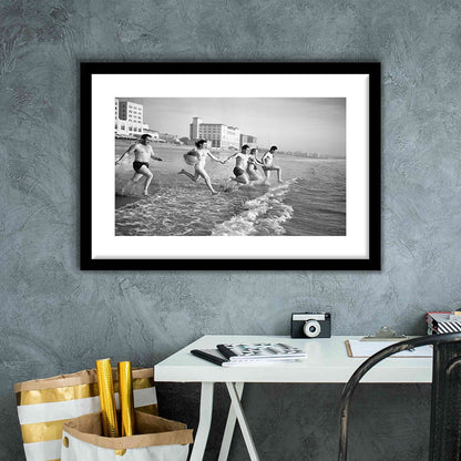 Friends at the Beach Black and White Art Coastal Wall Art, Framed Art Print White Border Wall Decor