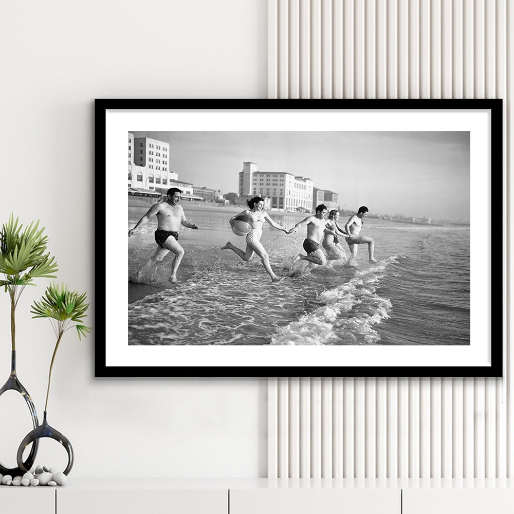 Friends at the Beach Black and White Art Coastal Wall Art, Framed Art Print White Border Wall Decor