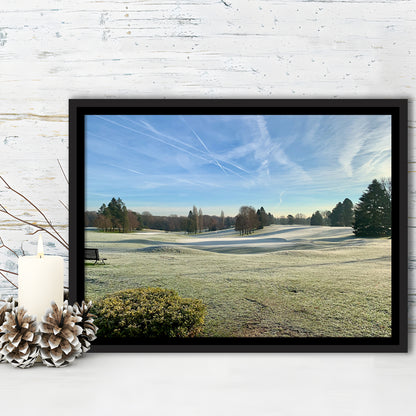 Frozen Golf Course In Early Morning, Floating Framed Canvas Print Wall Art