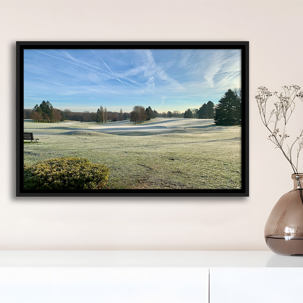 Frozen Golf Course In Early Morning, Floating Framed Canvas Print Wall Art
