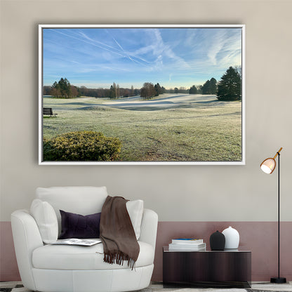 Frozen Golf Course In Early Morning, Floating Framed Canvas Print Wall Art