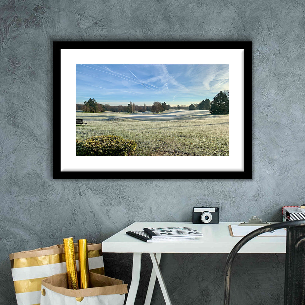 Frozen Golf Course In Early Morning, Goft Art Print, Framed Art Print White Border Wall Decor