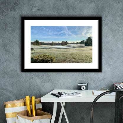 Frozen Golf Course In Early Morning, Goft Art Print, Framed Art Print White Border Wall Decor