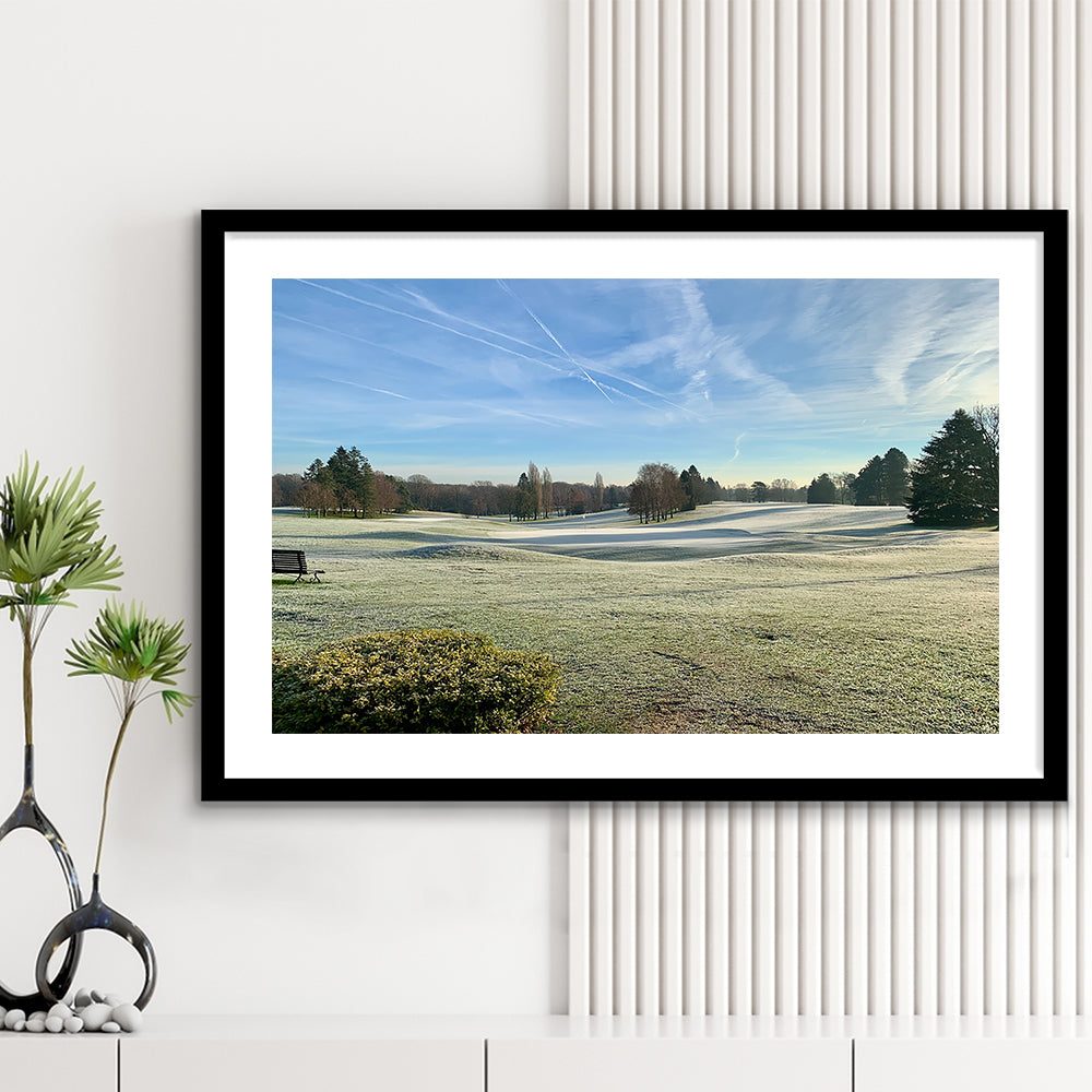 Frozen Golf Course In Early Morning, Goft Art Print, Framed Art Print White Border Wall Decor