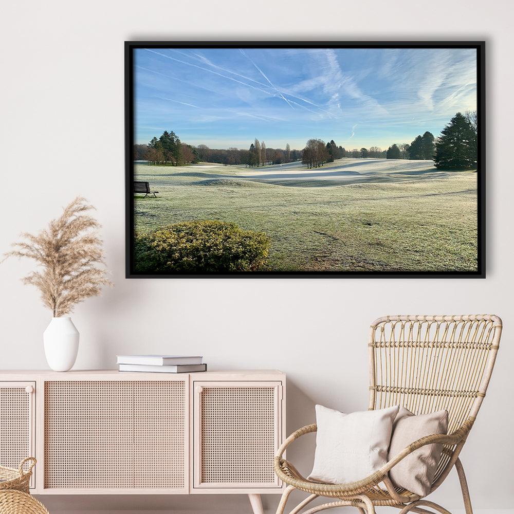 Frozen Golf Course In Early Morning, Floating Framed Canvas Print Wall Art