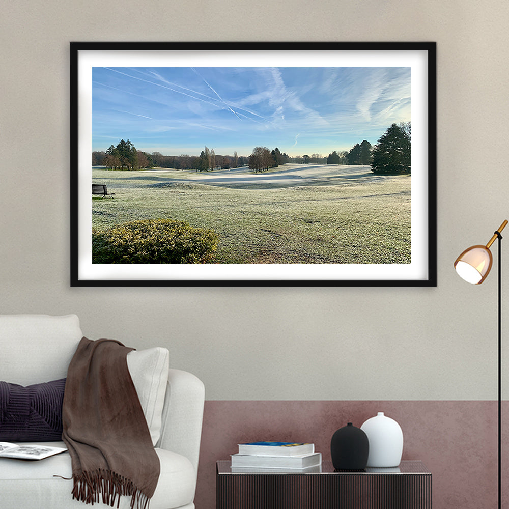 Frozen Golf Course In Early Morning, Goft Art Print, Framed Art Print White Border Wall Decor