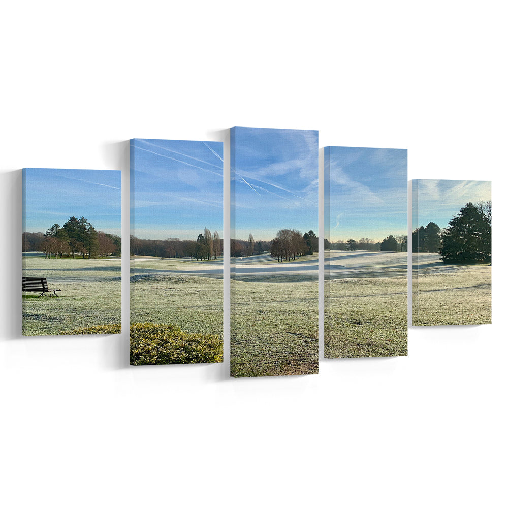 Frozen Golf Course In Early Morning, Golf Art Print, 5 Pieces Mixed Canvas Print Wall Art